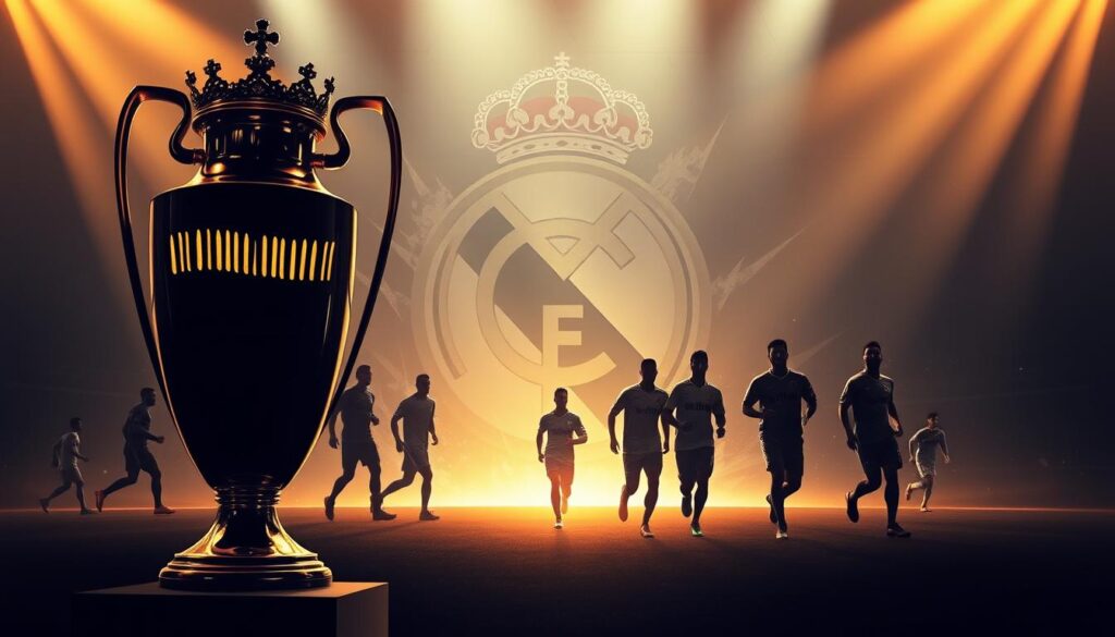 A captivating scene depicting the "Galacticos Era" of Real Madrid's Champions League dominance. In the foreground, a majestic trophy stands tall, its gleaming surface reflecting the spotlights that bathe the scene in a warm, golden glow. In the middle ground, the silhouettes of legendary players - Zidane, Ronaldo, Beckham, and more - stride purposefully towards the trophy, their movements frozen in time. The background is a swirling, abstract depiction of the iconic Champions League crest, its intricate design adding depth and drama to the composition. The overall atmosphere conveys the power, prestige, and unparalleled success of Real Madrid during this historic period in European football. A captivating scene depicting the "Galacticos Era" of Real Madrid's Champions League dominance. In the foreground, a majestic trophy stands tall, its gleaming surface reflecting the spotlights that bathe the scene in a warm, golden glow. In the middle ground, the silhouettes of legendary players - Zidane, Ronaldo, Beckham, and more - stride purposefully towards the trophy, their movements frozen in time. The background is a swirling, abstract depiction of the iconic Champions League crest, its intricate design adding depth and drama to the composition. The overall atmosphere conveys the power, prestige, and unparalleled success of Real Madrid during this historic period in European football.