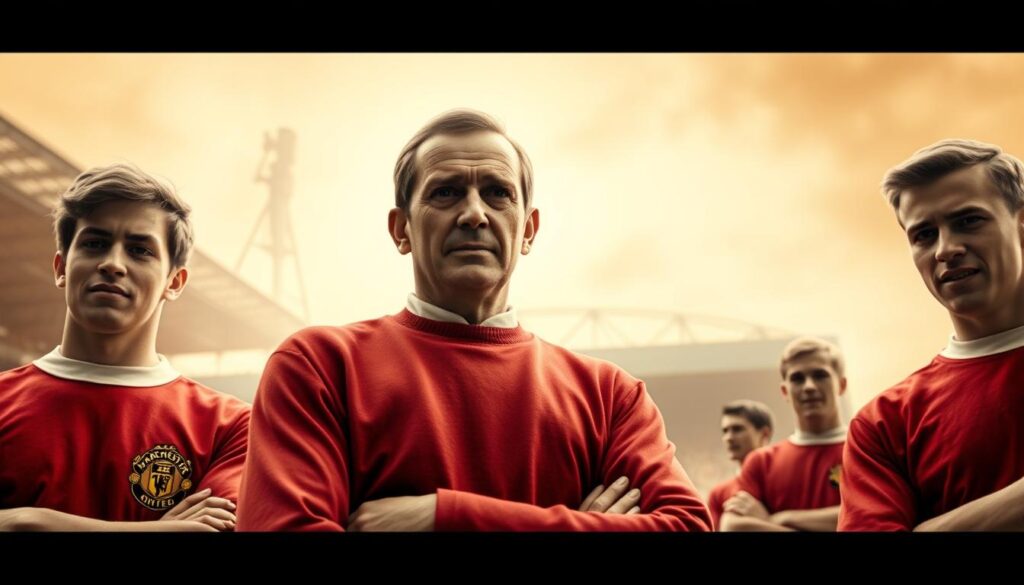A cinematic, high-quality image depicting the key historical milestones of Manchester United's "Busby Babes" era. In the foreground, a group of young, vibrant football players in classic 1950s United uniforms, their expressions conveying determination and camaraderie. In the middle ground, a striking, sepia-toned portrait of the legendary manager Matt Busby, embodying the vision and leadership that shaped this iconic team. In the background, a soft, hazy rendering of Old Trafford stadium, the club's hallowed ground, with its distinctive architecture bathed in a warm, nostalgic glow. The overall scene should evoke a sense of reverence and pride for this pivotal moment in Manchester United's storied history. A cinematic, high-quality image depicting the key historical milestones of Manchester United's "Busby Babes" era. In the foreground, a group of young, vibrant football players in classic 1950s United uniforms, their expressions conveying determination and camaraderie. In the middle ground, a striking, sepia-toned portrait of the legendary manager Matt Busby, embodying the vision and leadership that shaped this iconic team. In the background, a soft, hazy rendering of Old Trafford stadium, the club's hallowed ground, with its distinctive architecture bathed in a warm, nostalgic glow. The overall scene should evoke a sense of reverence and pride for this pivotal moment in Manchester United's storied history.