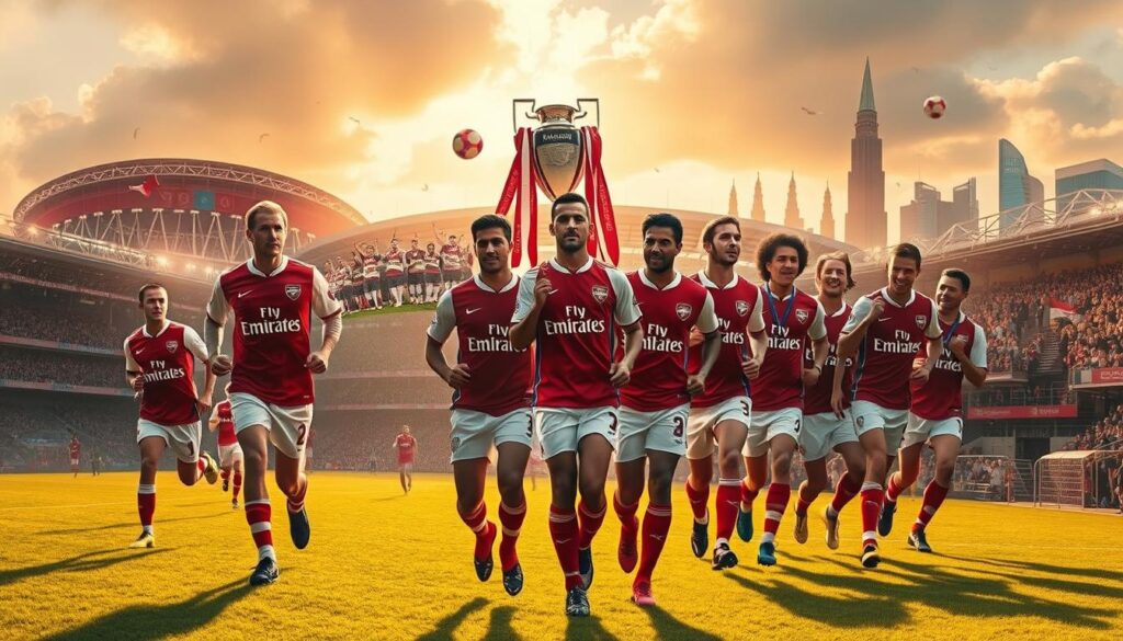 A dynamic collage showcasing Arsenal's most memorable Premier League seasons, captured through a cinematic lens. In the foreground, iconic players and captains stride across a pitch bathed in warm golden light, their expressions conveying the thrill of victory. The midground features a montage of match highlights and trophy celebrations, the crowd's roar palpable. In the background, looming stadiums and the London skyline provide a majestic backdrop, evoking the grand scale of the club's legacy. Seamlessly blended together, this image celebrates Arsenal's unparalleled achievements, inviting the viewer to relive the triumphs that have cemented the club's status as a Premier League powerhouse. A dynamic collage showcasing Arsenal's most memorable Premier League seasons, captured through a cinematic lens. In the foreground, iconic players and captains stride across a pitch bathed in warm golden light, their expressions conveying the thrill of victory. The midground features a montage of match highlights and trophy celebrations, the crowd's roar palpable. In the background, looming stadiums and the London skyline provide a majestic backdrop, evoking the grand scale of the club's legacy. Seamlessly blended together, this image celebrates Arsenal's unparalleled achievements, inviting the viewer to relive the triumphs that have cemented the club's status as a Premier League powerhouse.