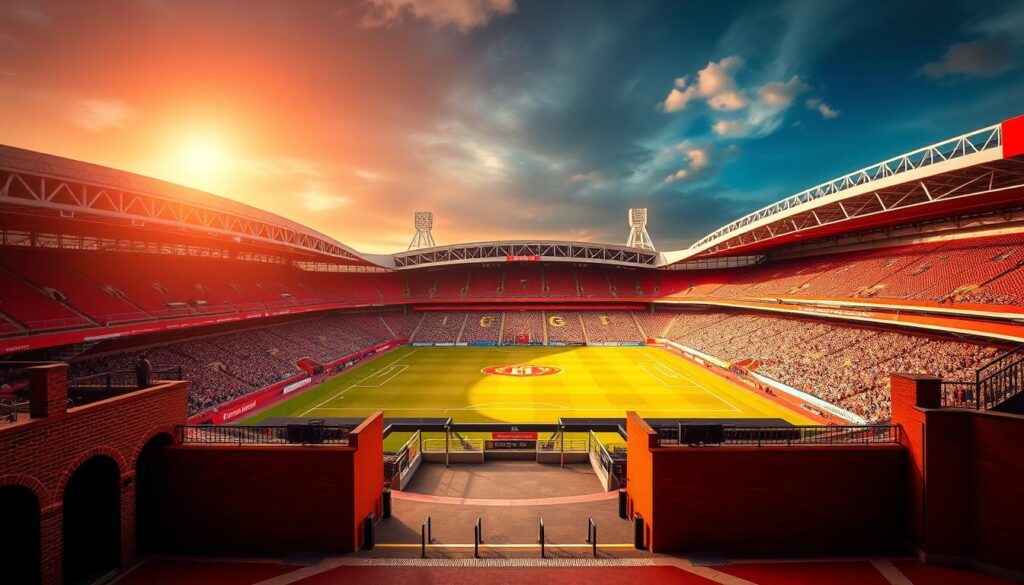 A grand, majestic stadium stands proud, its iconic architecture a testament to the storied history of Manchester United. Old Trafford, the Theatre of Dreams, is bathed in warm, golden light, capturing the grandeur and majesty of this hallowed ground. In the foreground, the famous red-brick façade and arched entryways invite visitors to step into a world of football legends and trophy-laden glory. The middle ground showcases the immaculate pitch, meticulously maintained and ready to host the thrilling matches that have captivated generations of fans. In the background, the towering floodlight pylons and the curved, sweeping stands create a sense of timeless elegance and unparalleled atmosphere, where the roar of the crowd echoes through the ages.