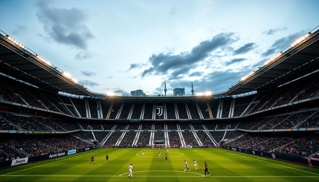 A grand, modern football stadium stands in the heart of Turin, its striking black and white facade gleaming in the evening light. The Juventus Stadium, a testament to the club's rich history and unwavering legacy, is the stage for fierce rivalries and passionate fans. Towering stands rise up, casting dramatic shadows across the pitch where players compete with intensity, their every move captured by the watchful lens of a wide-angle camera. The atmosphere is electric, the air charged with the energy of the game, as the city's iconic landmarks loom in the distance, a backdrop to the unfolding drama on the field. A grand, modern football stadium stands in the heart of Turin, its striking black and white facade gleaming in the evening light. The Juventus Stadium, a testament to the club's rich history and unwavering legacy, is the stage for fierce rivalries and passionate fans. Towering stands rise up, casting dramatic shadows across the pitch where players compete with intensity, their every move captured by the watchful lens of a wide-angle camera. The atmosphere is electric, the air charged with the energy of the game, as the city's iconic landmarks loom in the distance, a backdrop to the unfolding drama on the field.