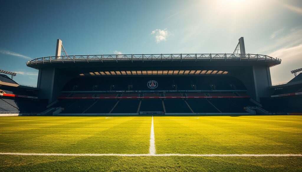 A grand, modern football stadium stands tall, its sleek design a testament to the Parc des Princes' evolution. Towering stands rise up, casting dramatic shadows across the pitch below. The iconic Parisian landmark is bathed in warm, golden light, creating a sense of grandeur and prestige. In the foreground, the pitch is meticulously maintained, its lush, verdant grass beckoning the world's best players to take the field. The stadium's facade is adorned with subtle, elegant details, reflecting the city's rich architectural heritage. The scene exudes a palpable atmosphere of anticipation, as if the stadium is ready to host another iconic match in the history of Paris Saint-Germain. A grand, modern football stadium stands tall, its sleek design a testament to the Parc des Princes' evolution. Towering stands rise up, casting dramatic shadows across the pitch below. The iconic Parisian landmark is bathed in warm, golden light, creating a sense of grandeur and prestige. In the foreground, the pitch is meticulously maintained, its lush, verdant grass beckoning the world's best players to take the field. The stadium's facade is adorned with subtle, elegant details, reflecting the city's rich architectural heritage. The scene exudes a palpable atmosphere of anticipation, as if the stadium is ready to host another iconic match in the history of Paris Saint-Germain.