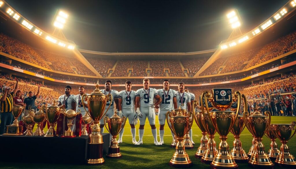 A grand stadium illuminated by warm, golden light, its stands filled with cheering fans. On the field, a group of football players stand proudly, their trophy-laden uniforms shimmering under the spotlight. In the foreground, a display of gleaming trophies, medals, and accolades, each one a testament to the players' exceptional skills and accomplishments. The scene exudes a sense of triumph and celebration, capturing the essence of the "Awards and Honors Breakdown" section of the article.