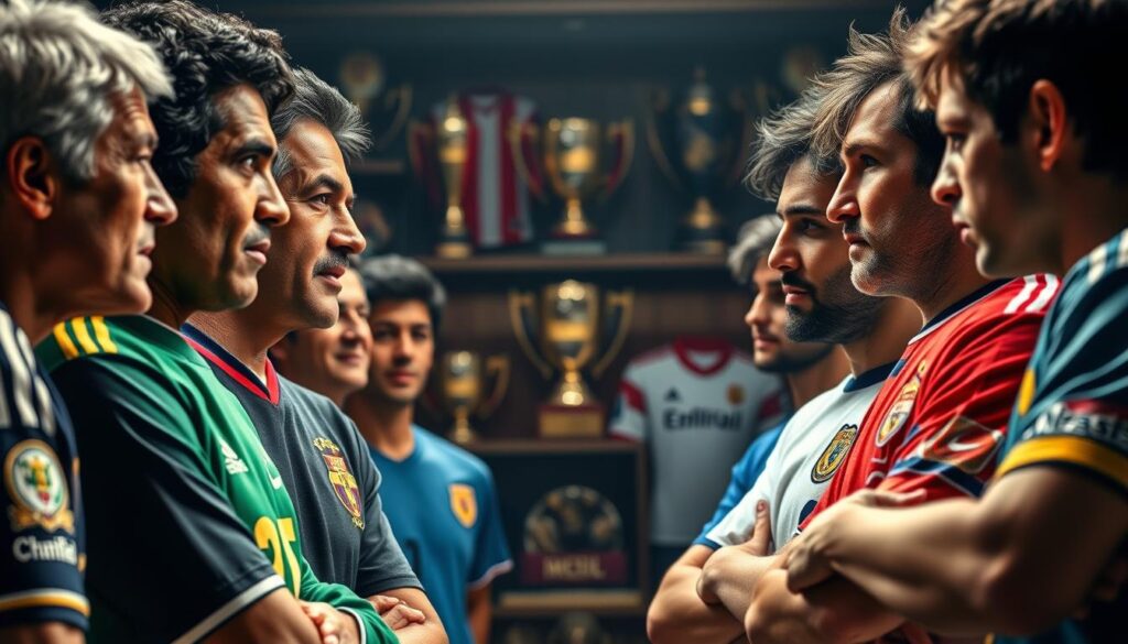 A heated debate unfolds between a group of football legends, each representing a different generation. In the foreground, icons like Pelé, Maradona, and Messi stand face-to-face, their expressions animated as they make their cases. The middle ground features a backdrop of trophies, jerseys, and memorabilia, hinting at the storied careers of these players. The lighting is dramatic, casting shadows that add depth and tension to the scene. The overall atmosphere is one of passionate discussion, as these titans of the sport argue over who deserves the title of the greatest of all time.