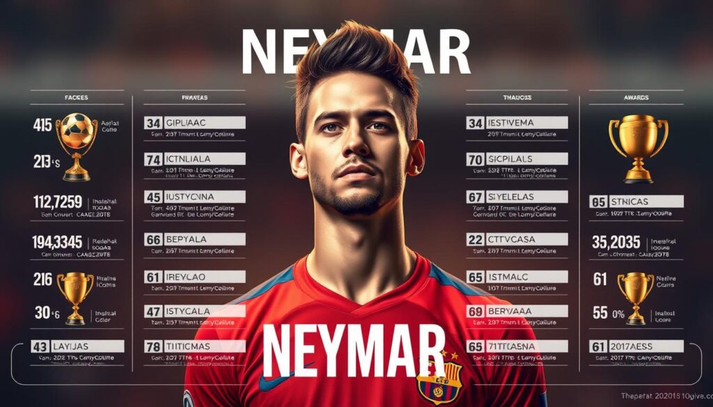 A highly detailed, data-driven infographic showcasing Neymar's illustrious career accolades. A central, photorealistic portrait of Neymar stands proud, surrounded by neatly organized statistics, trophies, and awards in a sleek, minimalist layout. Warm, directional lighting casts dramatic shadows, creating depth and emphasizing the subject's confident pose. The background features a subtle, blurred gradient in Neymar's team colors, complementing the overall sophisticated, premium aesthetic. Precise typographic elements provide clear, concise labeling of each achievement, presented in a clean, elegant manner.
