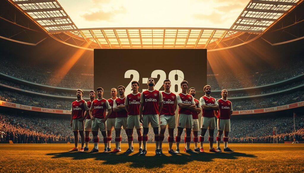 A majestic football stadium, its stands filled with passionate fans, casts a grand shadow over a meticulously rendered pitch. In the foreground, a group of legendary Arsenal players from the "Invincibles" season stand triumphantly, their faces etched with determination. Warm, golden light bathes the scene, creating a sense of historical significance. In the background, a striking graphic overlay depicts the team's undefeated record, a testament to their dominance. The composition evokes a sense of pride, triumph, and the enduring legacy of this iconic football club. A majestic football stadium, its stands filled with passionate fans, casts a grand shadow over a meticulously rendered pitch. In the foreground, a group of legendary Arsenal players from the "Invincibles" season stand triumphantly, their faces etched with determination. Warm, golden light bathes the scene, creating a sense of historical significance. In the background, a striking graphic overlay depicts the team's undefeated record, a testament to their dominance. The composition evokes a sense of pride, triumph, and the enduring legacy of this iconic football club.