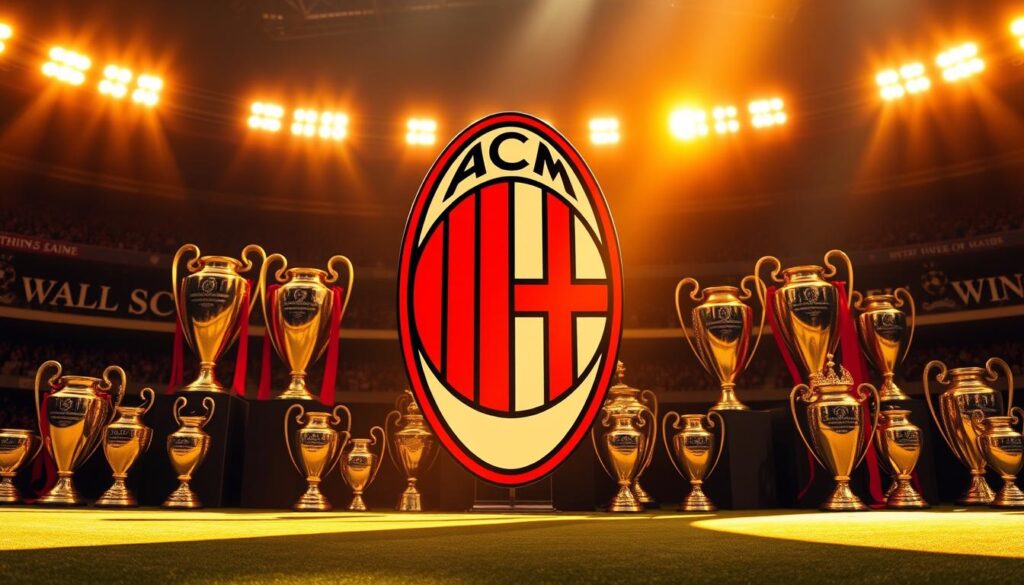 A majestic, panoramic shot of the AC Milan crest, illuminated by warm, golden light, taking center stage. In the background, a collage of the club's iconic European trophies - the Champions League cups, UEFA Super Cups, and Intercontinental Cups - arranged in a dynamic, layered composition, conveying the Rossoneri's unparalleled continental success. The scene is imbued with a sense of heritage, pride, and the determination that has propelled AC Milan to become one of the most decorated teams in European football history. A majestic, panoramic shot of the AC Milan crest, illuminated by warm, golden light, taking center stage. In the background, a collage of the club's iconic European trophies - the Champions League cups, UEFA Super Cups, and Intercontinental Cups - arranged in a dynamic, layered composition, conveying the Rossoneri's unparalleled continental success. The scene is imbued with a sense of heritage, pride, and the determination that has propelled AC Milan to become one of the most decorated teams in European football history.