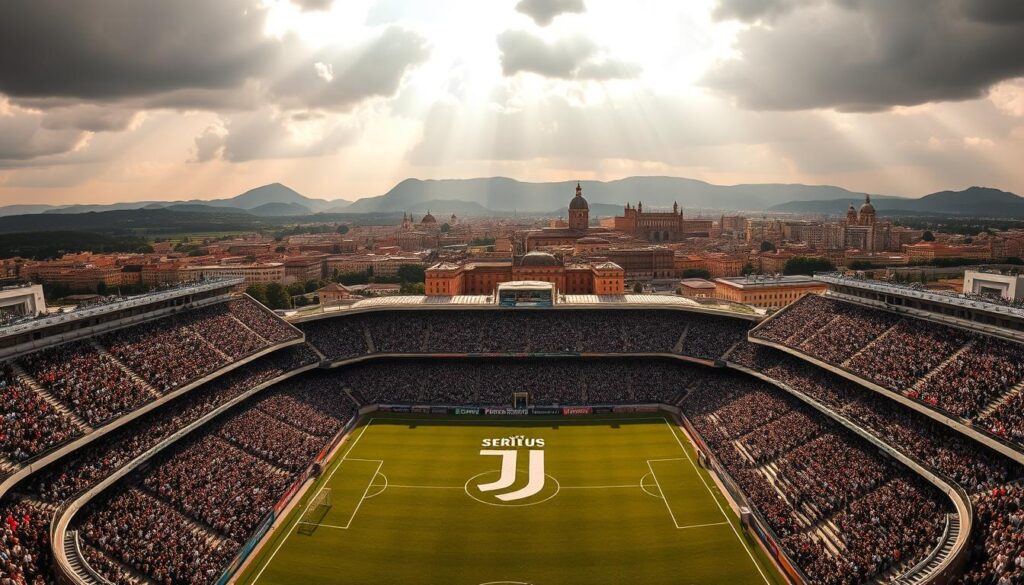 A majestic, panoramic view of the iconic Serie A league, where the dominance of Italian football teams is on full display. The foreground features a grand, imposing stadium with the familiar black and white stripes of Juventus FC, the league's most successful club, their crest emblazoned on the pitch. In the middle ground, a sea of passionate fans decked in team colors cheer on their heroes, the roar of the crowd echoing through the air. The background showcases the rolling hills and historic architecture that are the hallmark of the Italian landscape, casting a warm, golden glow over the entire scene. The lighting is dramatic, with shafts of sunlight piercing through the clouds, creating a sense of grandeur and importance. This image captures the unparalleled legacy and dominance of Serie A, the beating heart of Italian football.