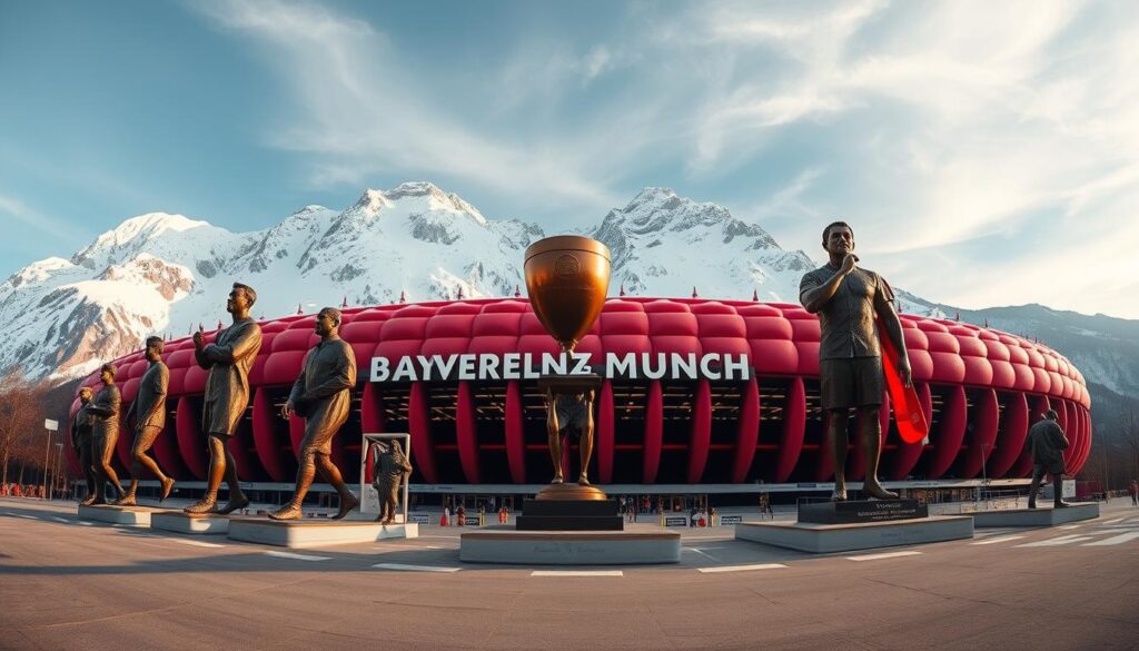 A majestic, snow-capped European Alps backdrop sets the stage for the iconic Allianz Arena, home of the legendary Bayern Munich football club. In the foreground, a panoramic view showcases the club's storied history, with larger-than-life bronze statues of past heroes and trophies gleaming in the soft, golden light. The atmosphere is one of reverence and pride, capturing the essence of Bayern's unparalleled tradition and modern greatness. The scene is captured through the lens of a wide-angle camera, emphasizing the grandeur and scale of this historic moment, a testament to the club's enduring legacy.