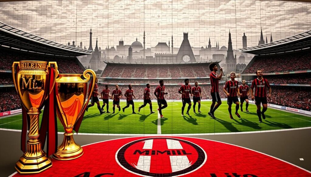 A panoramic view of AC Milan's storied history, captured in a breathtaking mosaic. The foreground showcases the club's iconic trophies, glinting under a warm, golden light, symbolizing their hard-earned triumphs. In the middle ground, larger-than-life silhouettes of legendary players stride across the pitch, their movements frozen in time. The background depicts iconic stadiums and landmarks, each a testament to the Rossoneri's enduring legacy. The overall scene conveys a sense of grandeur, tradition, and the unwavering spirit that has defined AC Milan's journey through the annals of football history. A panoramic view of AC Milan's storied history, captured in a breathtaking mosaic. The foreground showcases the club's iconic trophies, glinting under a warm, golden light, symbolizing their hard-earned triumphs. In the middle ground, larger-than-life silhouettes of legendary players stride across the pitch, their movements frozen in time. The background depicts iconic stadiums and landmarks, each a testament to the Rossoneri's enduring legacy. The overall scene conveys a sense of grandeur, tradition, and the unwavering spirit that has defined AC Milan's journey through the annals of football history.