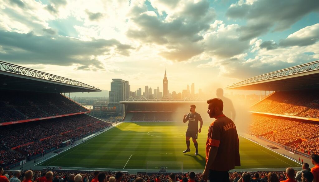 A sweeping panoramic view of Anfield, the iconic home stadium of Liverpool FC, set against a backdrop of the city's skyline. In the foreground, a series of iconic images capturing the club's storied history - the 1965 FA Cup triumph, the famous "Miracle of Istanbul" Champions League win in 2005, and the triumphant Premier League title in 2020 after a 30-year drought. In the middle ground, ghostly figures of Liverpool legends like Dalglish, Gerrard, and Salah seem to emerge from the shadows, their faces etched with determination. The scene is bathed in a warm, golden light, evoking a sense of nostalgia and triumph, as if the past and present are intertwined. A cinematic, epic rendering of Liverpool FC's storied history.