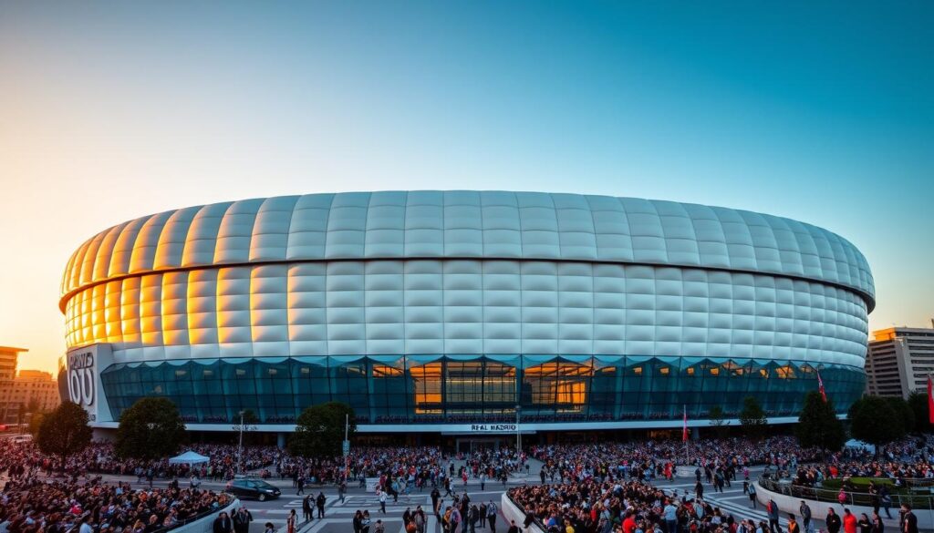A towering, modernized Santiago Bernabéu stadium, its iconic white facade shimmering in the warm, golden light of a sunset. The renovated roof arches gracefully overhead, casting dramatic shadows across the seamless, curved glass panels that encase the structure. In the foreground, a bustling plaza teems with excited fans, their vibrant jerseys and scarves adding splashes of color to the scene. The stadium's sleek, angular design blends seamlessly with the surrounding cityscape, a testament to the club's enduring legacy and commitment to progress. The image conveys a sense of grandeur, history, and the unstoppable march of Real Madrid's ascent to the pinnacles of European football.