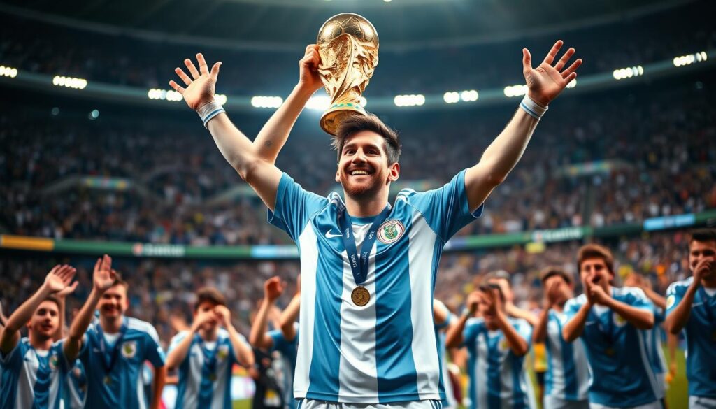A triumphant Lionel Messi, clad in the iconic blue and white of Argentina, stands on the pitch, the FIFA World Cup trophy held high in his outstretched arms. Surrounded by his ecstatic teammates, the scene is bathed in the warm glow of floodlights, casting dramatic shadows and highlights across their celebratory expressions. In the background, the stadium's roaring crowd forms a vibrant, blurred tapestry, their shouts and cheers palpable. Messi's face is etched with a sense of profound joy and relief, the culmination of a lifetime's pursuit of this elusive, coveted prize. This image captures the moment of Messi's long-awaited international success, cementing his legacy as a true football legend.