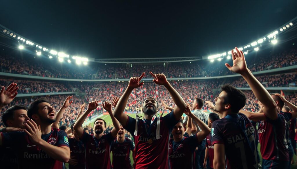 A triumphant scene of Paris Saint-Germain's Champions League victory, captured in a cinematic perspective. In the foreground, the players celebrate ecstatically, their faces lit by the glow of stadium lights. In the middle ground, the crowd erupts in a sea of cheers and waving banners, their enthusiasm palpable. The background is a blur of the iconic Parc des Princes stadium, its grand architecture and vibrant atmosphere creating a sense of grandeur and accomplishment. The lighting is dramatic, with sharp contrasts and deep shadows, emphasizing the gravity of the moment. The camera angle is slightly elevated, giving a bird's-eye view of the celebration, conveying the scale and magnitude of this historic milestone in PSG's journey. A triumphant scene of Paris Saint-Germain's Champions League victory, captured in a cinematic perspective. In the foreground, the players celebrate ecstatically, their faces lit by the glow of stadium lights. In the middle ground, the crowd erupts in a sea of cheers and waving banners, their enthusiasm palpable. The background is a blur of the iconic Parc des Princes stadium, its grand architecture and vibrant atmosphere creating a sense of grandeur and accomplishment. The lighting is dramatic, with sharp contrasts and deep shadows, emphasizing the gravity of the moment. The camera angle is slightly elevated, giving a bird's-eye view of the celebration, conveying the scale and magnitude of this historic milestone in PSG's journey.