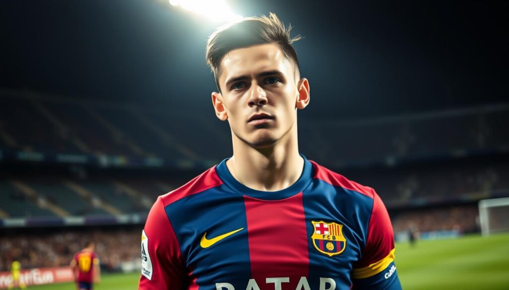 A young Neymar in his Barcelona kit, standing on the pitch at Camp Nou, his face alight with determination and focus. The lighting is dramatic, casting shadows that accentuate his muscular physique and the intensity in his eyes. The background is blurred, drawing the viewer's attention to the player, who is the centerpiece of the scene. The camera angle is slightly low, giving a sense of power and dominance, capturing the moment of Neymar's breakthrough at the European level with his new club.