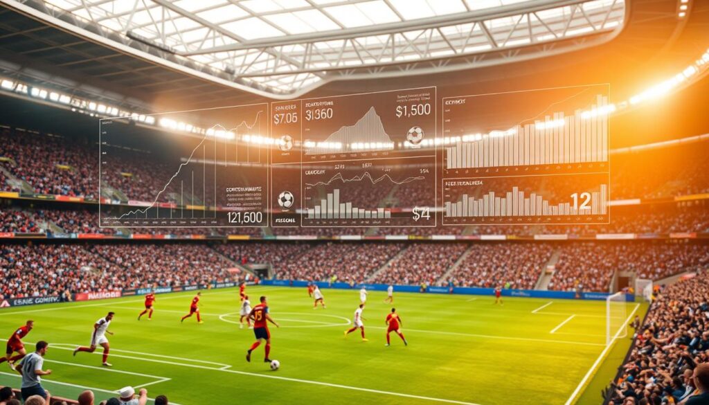 A bustling stadium filled with vibrant action on the field, surrounded by a sea of financial data and analytics. In the foreground, players engage in an intense match, their movements captured in a dynamic, wide-angle shot. In the middle ground, a series of holographic charts and graphs hover, visualizing the complex financial impact of the sport, from lucrative sponsorships to player transfer fees. The background is a blurred cityscape, hinting at the global reach and commercial significance of the football industry. The scene is illuminated by a warm, golden light, creating a sense of grandeur and importance. The overall mood is one of excitement, progress, and the profound financial influence of the beautiful game.