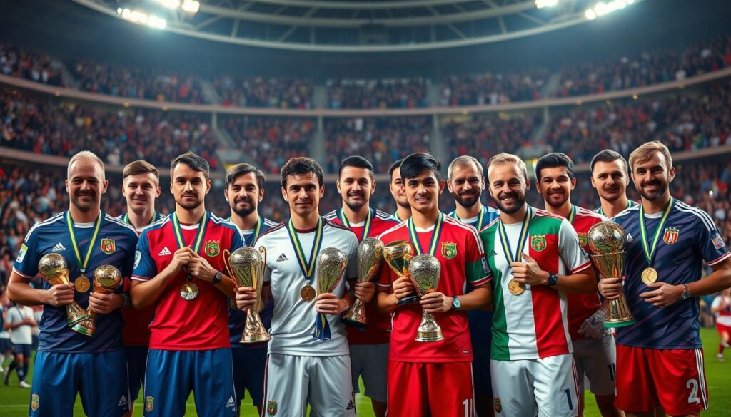 A crowded stadium backdrop with spectators in the stands, illuminated by warm stadium lighting. In the foreground, a group of elite football players from various nations, standing proud in their national team uniforms, each holding a diverse array of trophies, medals, and accolades. The players' expressions convey a sense of accomplishment, as they showcase their impressive club and international achievements. The scene captures the dual nature of their success, highlighting the interplay between their club and country honors. A crowded stadium backdrop with spectators in the stands, illuminated by warm stadium lighting. In the foreground, a group of elite football players from various nations, standing proud in their national team uniforms, each holding a diverse array of trophies, medals, and accolades. The players' expressions convey a sense of accomplishment, as they showcase their impressive club and international achievements. The scene captures the dual nature of their success, highlighting the interplay between their club and country honors.