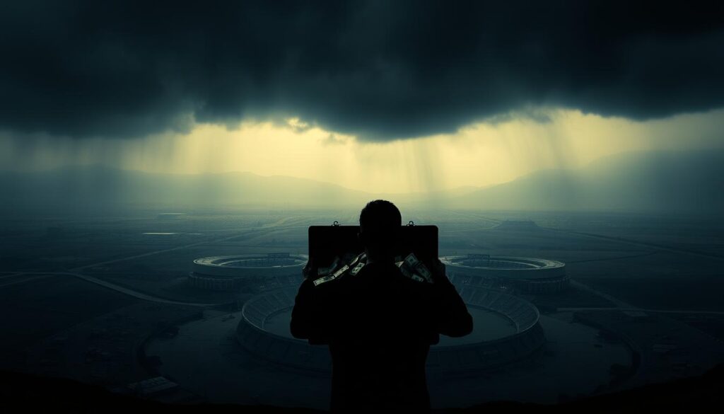 A dark, expansive scene depicting the legacy of FIFA World Cup corruption. In the foreground, a shadowy figure holds a briefcase overflowing with cash, casting an ominous shadow over a desolate landscape. In the middle ground, crumbling stadiums and abandoned infrastructure hint at the squandered resources and broken promises that have plagued host nations. The background is shrouded in a hazy, oppressive atmosphere, with thunderclouds looming overhead, symbolizing the lingering cloud of scandal and mismanagement. The lighting is low and dramatic, creating a sense of tension and unease. This image aims to convey the deep-rooted issues that have tarnished the legacy of the world's most prestigious football tournament. A dark, expansive scene depicting the legacy of FIFA World Cup corruption. In the foreground, a shadowy figure holds a briefcase overflowing with cash, casting an ominous shadow over a desolate landscape. In the middle ground, crumbling stadiums and abandoned infrastructure hint at the squandered resources and broken promises that have plagued host nations. The background is shrouded in a hazy, oppressive atmosphere, with thunderclouds looming overhead, symbolizing the lingering cloud of scandal and mismanagement. The lighting is low and dramatic, creating a sense of tension and unease. This image aims to convey the deep-rooted issues that have tarnished the legacy of the world's most prestigious football tournament.