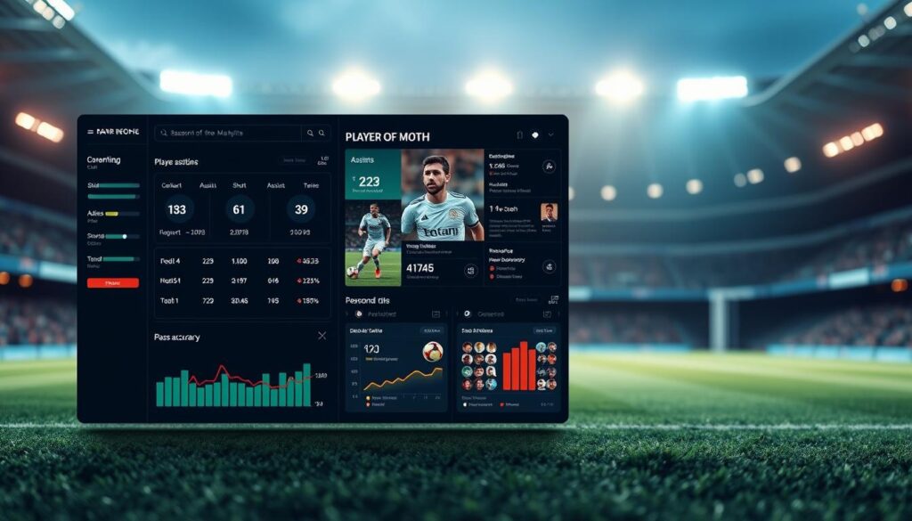 A data-rich visualization showcasing football player stats analysis. In the foreground, a sleek, minimalist dashboard displays key performance metrics such as goals, assists, shots on target, and pass accuracy. The middle ground features a detailed player profile, complete with action shots and infographics highlighting their season-to-date achievements. In the background, a blurred stadium scene sets the stage, with floodlights casting a warm, focused glow over the entire composition. The overall mood is one of analytical rigor and data-driven insights, reflecting the significance and trends behind the "Player of the Month" accolade. A data-rich visualization showcasing football player stats analysis. In the foreground, a sleek, minimalist dashboard displays key performance metrics such as goals, assists, shots on target, and pass accuracy. The middle ground features a detailed player profile, complete with action shots and infographics highlighting their season-to-date achievements. In the background, a blurred stadium scene sets the stage, with floodlights casting a warm, focused glow over the entire composition. The overall mood is one of analytical rigor and data-driven insights, reflecting the significance and trends behind the "Player of the Month" accolade.