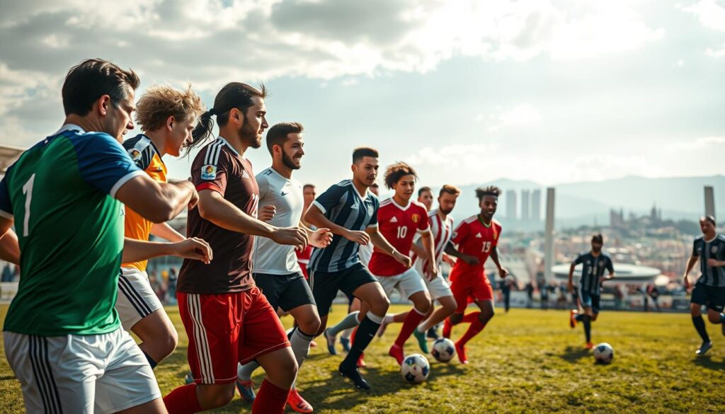 A diverse ensemble of renowned international football stars, captured in a dynamic and captivating composition. In the foreground, a group of players from different continents engage in a friendly match, their movements frozen in time, showcasing their exceptional skills and athleticism. The middle ground features a panoramic backdrop of iconic stadiums and landscapes, representing the global reach of the sport. Soft, warm lighting bathes the scene, creating a sense of warmth and camaraderie, while a wide-angle lens captures the grand scale of the event. The overall atmosphere exudes a celebratory and inspirational vibe, capturing the essence of the world's most beloved sport and its diverse, talented players. A diverse ensemble of renowned international football stars, captured in a dynamic and captivating composition. In the foreground, a group of players from different continents engage in a friendly match, their movements frozen in time, showcasing their exceptional skills and athleticism. The middle ground features a panoramic backdrop of iconic stadiums and landscapes, representing the global reach of the sport. Soft, warm lighting bathes the scene, creating a sense of warmth and camaraderie, while a wide-angle lens captures the grand scale of the event. The overall atmosphere exudes a celebratory and inspirational vibe, capturing the essence of the world's most beloved sport and its diverse, talented players.