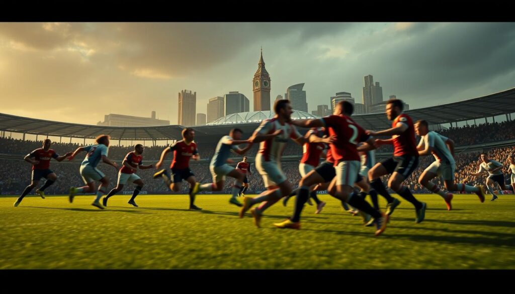 A dramatic, cinematic scene of legendary Premier League derbies unfolding on a lush, verdant pitch. In the foreground, fierce rivals collide in a blur of motion, their faces etched with determination. The middle ground features a packed stadium, the roaring crowd creating an electric atmosphere. In the background, the iconic skyline of a major English city rises, bathed in warm, golden light. The scene conveys the intense passion, high stakes, and rich history of these storied matchups that have captivated fans for generations.