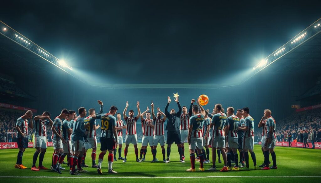 A dramatic sports stadium scene, floodlights casting a warm glow over the pitch. In the foreground, a group of dejected players in one team's uniform, heads bowed in defeat after a crushing relegation. In the middle ground, the opposing team celebrates wildly, ecstatic at their unexpected promotion. The background shows the empty stands, the tension and emotion of the moment palpable. The image conveys the thrill of a club's transformation, rising from the depths of relegation to reclaim their place in the higher league, a testament to perseverance and the unpredictable nature of sports.