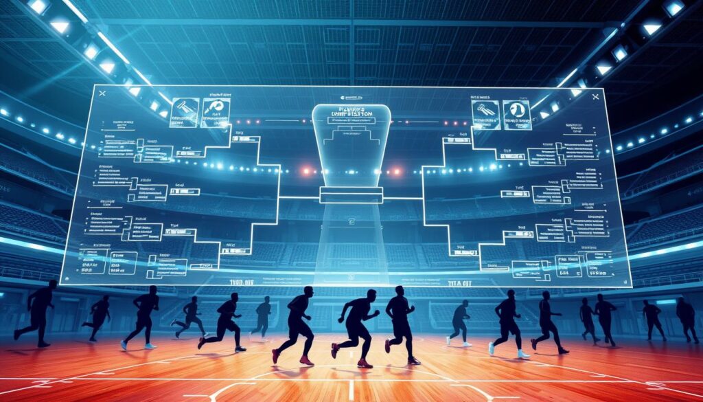 A dynamic and futuristic illustration showcasing innovative playoff systems for a professional sports league. In the foreground, a holographic display depicts various bracket configurations and matchup visualizations, conveying the data-driven nature of modern competition formats. The middle ground features silhouetted athletes in motion, evoking the intense energy and drama of playoff battles. In the background, a sleek, minimalist stadium design with clean lines and vibrant lighting creates a sense of technological advancement and forward-thinking. The overall mood is one of excitement, innovation, and the evolution of sports competition.