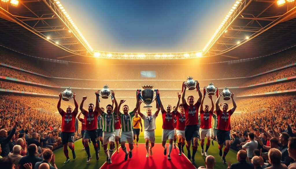 A grand stadium bathed in golden light, its grand stands filled with cheering fans. In the center, a procession of iconic Premier League trophy winners from throughout history, each donning their club's iconic colors and crest. The players stride proudly, holding aloft their hard-won prizes, a testament to the passion and skill that have defined this storied league. In the background, a montage of historic moments and legendary players, a visual tapestry of the Premier League's rich and celebrated past. The scene is imbued with a sense of reverence and triumph, capturing the essence of this proud institution's remarkable journey.