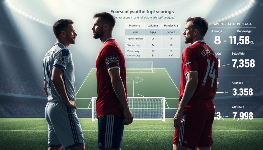 A photo-realistic illustration depicting the difficulty of goal scoring in different football leagues. In the foreground, three distinct players representing the top leagues - Premier League, La Liga, and Bundesliga - stand facing each other, their expressions conveying the challenge and intensity of the competition. The middle ground shows a stylized field with goal posts, highlighting the variance in defensive systems and styles of play across these top European leagues. In the background, a data visualization compares key metrics like average goals per game, shot accuracy, and defensive records, providing a data-driven perspective on the inherent difficulty of finding the back of the net in these prestigious tournaments. Soft, dramatic lighting casts long shadows, emphasizing the gravity of the topic. The overall scene strikes a balance between realism and conceptual design, inviting the viewer to appreciate the nuances of elite-level goal scoring. A photo-realistic illustration depicting the difficulty of goal scoring in different football leagues. In the foreground, three distinct players representing the top leagues - Premier League, La Liga, and Bundesliga - stand facing each other, their expressions conveying the challenge and intensity of the competition. The middle ground shows a stylized field with goal posts, highlighting the variance in defensive systems and styles of play across these top European leagues. In the background, a data visualization compares key metrics like average goals per game, shot accuracy, and defensive records, providing a data-driven perspective on the inherent difficulty of finding the back of the net in these prestigious tournaments. Soft, dramatic lighting casts long shadows, emphasizing the gravity of the topic. The overall scene strikes a balance between realism and conceptual design, inviting the viewer to appreciate the nuances of elite-level goal scoring.