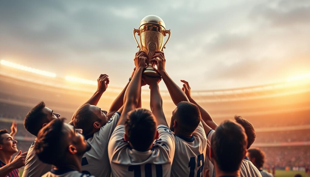 A serene, cinematic depiction of iconic FIFA World Cup legacy moments. In the foreground, a cluster of triumphant players lift the gleaming trophy, their expressions radiant with joy and pride. The midground features a collage of memorable game-winning goals, penalty kicks, and celebrations, captured with a shallow depth of field that lends an ethereal, timeless quality. In the background, a panoramic stadium backdrop, bathed in soft, golden-hour lighting, evokes the grandeur and spectacle of the world's greatest football tournament. The overall mood is one of reverence, nostalgia, and the enduring legacy of the legends who have graced the World Cup stage.