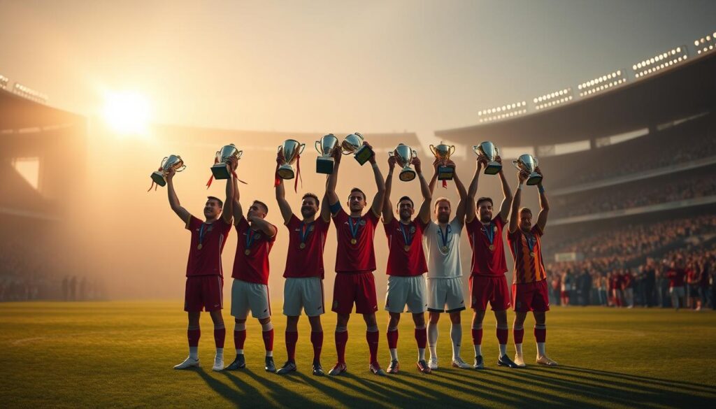 A serene, photorealistic sports stadium at golden hour, with pristine grass and towering stands casting long shadows. In the foreground, a group of elite football players stand proudly, holding aloft their impressive array of trophies and medals, their faces alight with triumph and joy. The players' kits are detailed and authentic, their expressions conveying the stories of their unparalleled achievements. In the middle ground, fans and onlookers gather, their silhouettes creating a sense of reverence and admiration. The background is hazy, with the stadium's floodlights and a setting sun creating a warm, cinematic atmosphere, evoking the grandeur and legacy of these most decorated athletes. A serene, photorealistic sports stadium at golden hour, with pristine grass and towering stands casting long shadows. In the foreground, a group of elite football players stand proudly, holding aloft their impressive array of trophies and medals, their faces alight with triumph and joy. The players' kits are detailed and authentic, their expressions conveying the stories of their unparalleled achievements. In the middle ground, fans and onlookers gather, their silhouettes creating a sense of reverence and admiration. The background is hazy, with the stadium's floodlights and a setting sun creating a warm, cinematic atmosphere, evoking the grandeur and legacy of these most decorated athletes.
