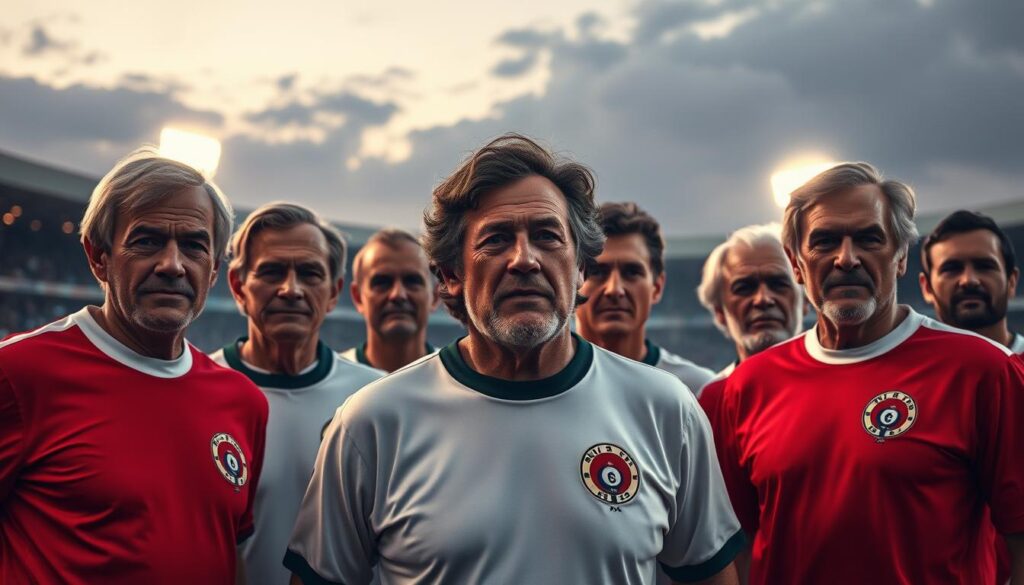 A serene stadium at dusk, floodlights casting a warm glow on the pitch. In the foreground, a group of legendary national team players, their faces etched with experience and determination, standing together with a shared sense of camaraderie. In the middle ground, their jerseys displaying the proud crests of their nations, a testament to their longevity and dedication. The background fades into a hazy, nostalgic atmosphere, hinting at the countless matches and triumphs these players have witnessed over the years. The scene evokes a timeless quality, capturing the essence of international football's enduring legends.