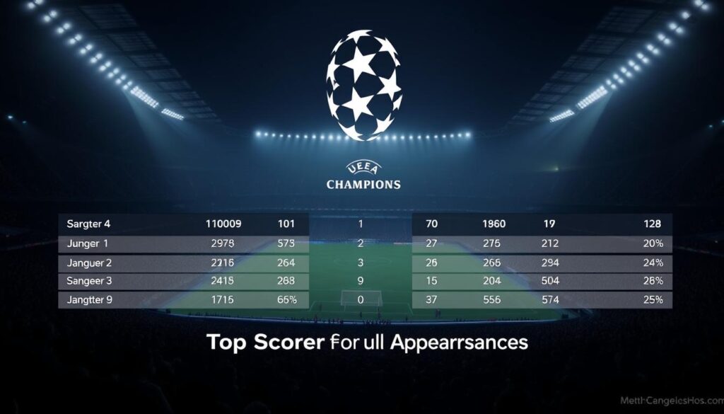 A sleek, data-driven visualization of UEFA Champions League top scorers and appearances. A clean, minimalist design showcases key statistics against a backdrop of a dimly lit stadium, with spectators faintly visible in the stands. Crisp, high-contrast graphics present the data in an elegant, easy-to-digest manner, complemented by subtle lighting effects that create depth and atmosphere. The overall mood is one of refined sophistication, befitting the prestige of Europe's premier club football competition. A sleek, data-driven visualization of UEFA Champions League top scorers and appearances. A clean, minimalist design showcases key statistics against a backdrop of a dimly lit stadium, with spectators faintly visible in the stands. Crisp, high-contrast graphics present the data in an elegant, easy-to-digest manner, complemented by subtle lighting effects that create depth and atmosphere. The overall mood is one of refined sophistication, befitting the prestige of Europe's premier club football competition.