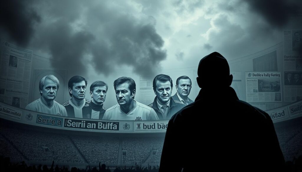 A somber and moody scene of Serie A's tumultuous "Scandal Years" in the 1980s and 1990s. In the foreground, a shadowy figure representing the match-fixing scandals that rocked the league, casting a dark cloud over the once-proud Italian game. In the middle ground, faded images of iconic Serie A players and managers from that era, their legacies tarnished by the controversies. The background is a collage of newspaper headlines, courtroom sketches, and stadium scenes, reflecting the chaotic atmosphere as the league struggled to regain its former glory. The lighting is dramatic, with deep shadows and muted colors, conveying the sense of a league in crisis. The overall impression is one of a proud footballing tradition forced to confront its demons, setting the stage for its eventual rebirth.