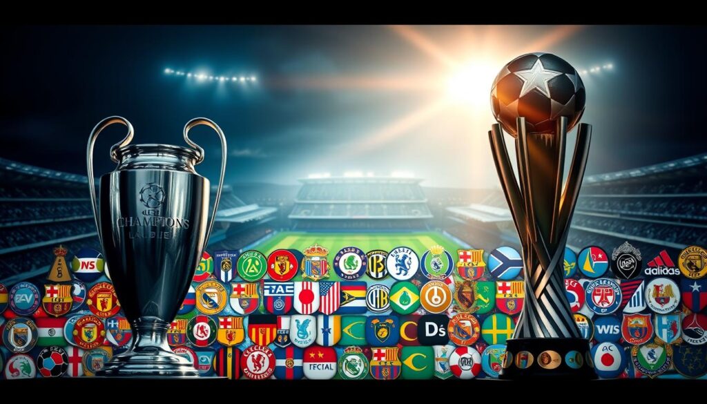 A sprawling collage of iconic club crests and trophies, showcasing the global expansion of prestigious international club competitions. In the foreground, the Champions League and Club World Cup trophies shine under dramatic, cinematic lighting, casting long shadows. The middle ground features a mosaic of club emblems from diverse regions, hinting at the growing internationalization of these elite tournaments. The background fades into a blurred, ethereal panorama of stadiums and stadiums, conveying the grand scale and worldwide reach of these prestigious club competitions. The overall mood is one of grandeur, prestige, and the ever-increasing globalization of the sport's top-tier club events.