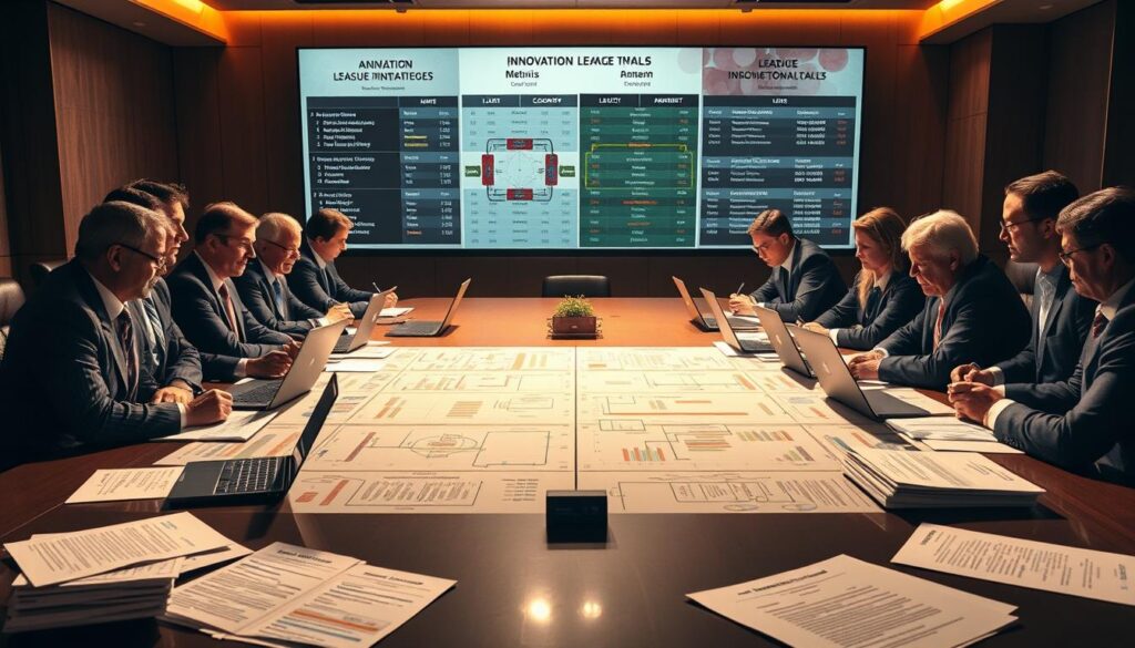 A strategic boardroom table, surrounded by league officials in formal attire, studying detailed diagrams and charts. Warm, focused lighting casts shadows, conveying a sense of serious deliberation. The table surface is crowded with laptops, tablets, and stacks of papers - visual representations of the innovation strategies being compared. In the background, a large, high-resolution display shows competing league formats, their key features and metrics side-by-side. An atmosphere of thoughtful analysis and intense collaboration permeates the scene, as the league managers seek to chart the best path forward for their organizations.
