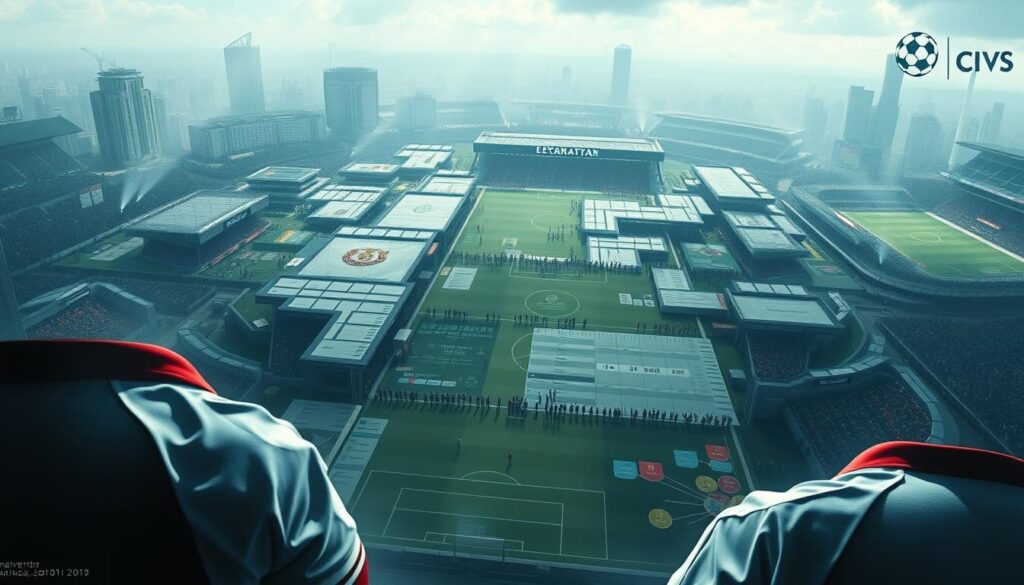 A strategic masterplan unfolds across a vast, dynamic landscape. In the foreground, club crests and jerseys symbolize the high stakes of league promotions and relegations. Subtle details hint at the turbulent emotions - jubilation, despair, determination. The middle ground features a mosaic of statistical data, tactical diagrams, and analytical visualizations, conveying the complex decision-making and planning required. In the distant background, stadiums and crowds evoke the intense spectacle, the roar of the fans. Cinematic lighting casts dramatic shadows, heightening the sense of gravity and historical significance. Rendered with a painterly, almost impressionistic style, this image distills the essence of the epic journeys teams undertake to secure their place in the hierarchy.