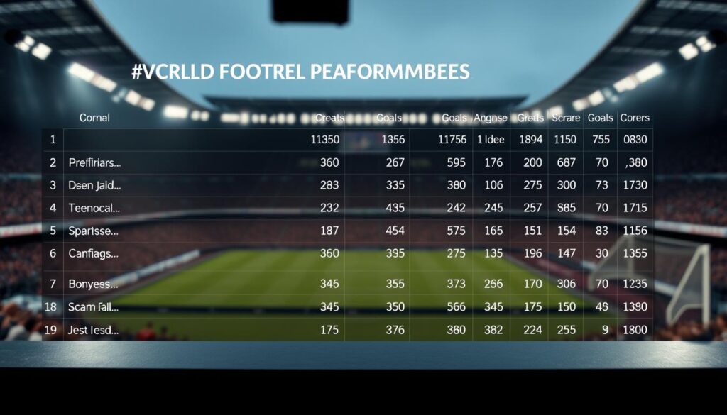 A stylish statistical table showcasing the key performance metrics of the world's top football goal scorers, captured under a dramatic lighting setup. The foreground features a sleek, minimalist data visualization with crisp typography and clean layout, presenting the players' names, goals scored, and other crucial statistics. The middle ground depicts a blurred, atmospheric background of a sprawling stadium with spectators in the stands, evoking the thrill and energy of the sport. The overall tone is one of sophistication, precision, and reverence for the remarkable achievements of these legendary footballers. A stylish statistical table showcasing the key performance metrics of the world's top football goal scorers, captured under a dramatic lighting setup. The foreground features a sleek, minimalist data visualization with crisp typography and clean layout, presenting the players' names, goals scored, and other crucial statistics. The middle ground depicts a blurred, atmospheric background of a sprawling stadium with spectators in the stands, evoking the thrill and energy of the sport. The overall tone is one of sophistication, precision, and reverence for the remarkable achievements of these legendary footballers.
