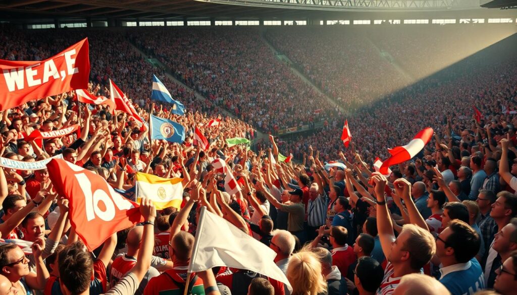 A vibrant, celebratory scene of legendary football derbies and rivalries. In the foreground, passionate fans erupt in a sea of color and energy, waving banners, scarves, and flags that represent their beloved teams. The middle ground is a blur of movement as supporters chant, sing, and embrace one another, their faces alight with the thrill of the occasion. The background is a panoramic view of a lively stadium, its stands filled to capacity with a roar of collective euphoria. Dramatic natural lighting casts dramatic shadows and highlights the raw emotion of the moment, captured with a cinematic wide-angle lens that immerses the viewer in the electric atmosphere of a truly unforgettable fan celebration.