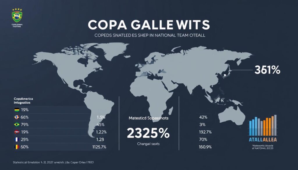 Elegant statistical visualization of Copa America goals data. Sleek, minimalist infographic layout showcases key performance metrics in a clean, modern style. Crisp, high-resolution vector graphics depict abstract football motifs, with bold color accents and subtle light and shadow effects. Measured camera angle provides a balanced, symmetrical composition that exudes an air of professionalism and authority. Sophisticated, data-driven aesthetic suits the "Statistical Snapshots" section of the "Records Broken in National Team Football" article.