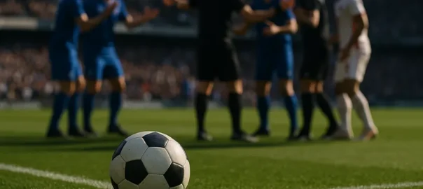 Referee checking VAR during the Balogun red card controversy at a World Cup match