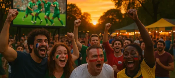 DC World Cup Economy scene with fans gathered for an outdoor soccer watch party