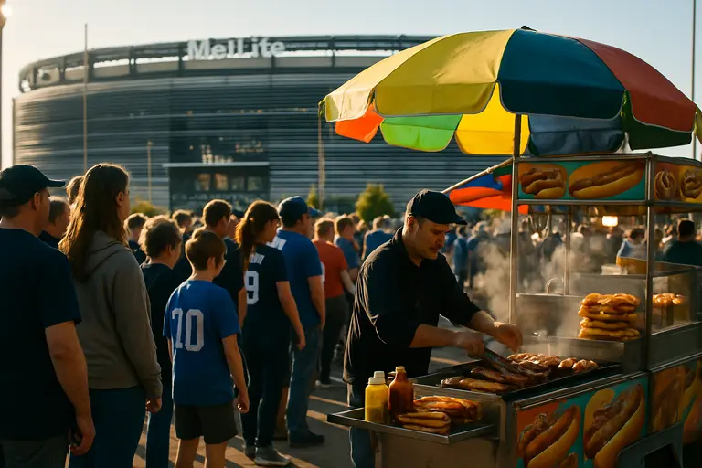 Supporters arriving near a large stadium on a World Cup matchday