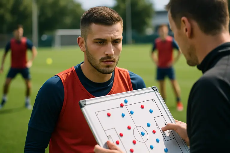 A center forward positioned between defenders inside the penalty area