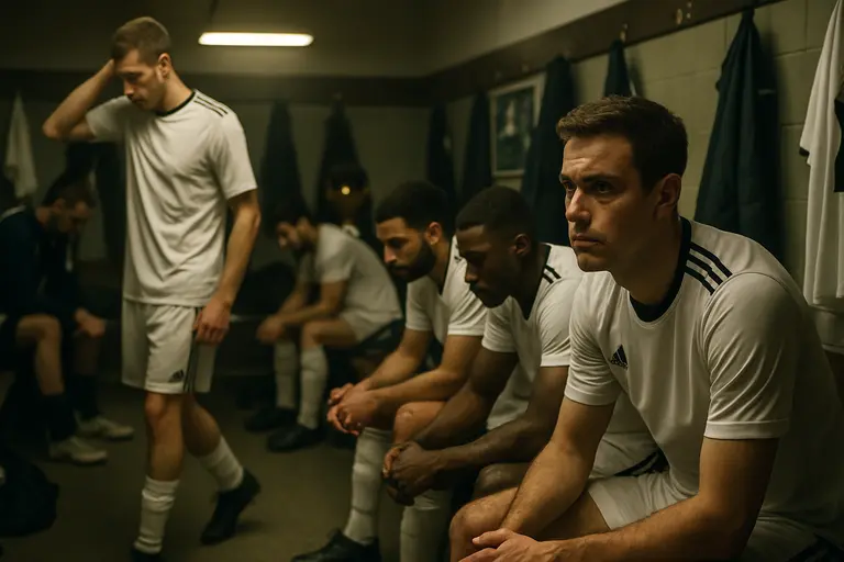 Soccer players recovering beside cones during tournament preparation
