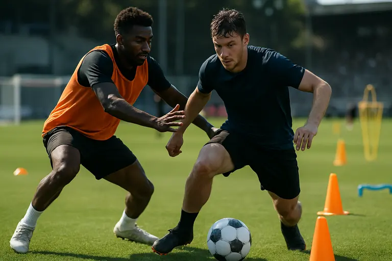 Young professional soccer players listening to instructions during training