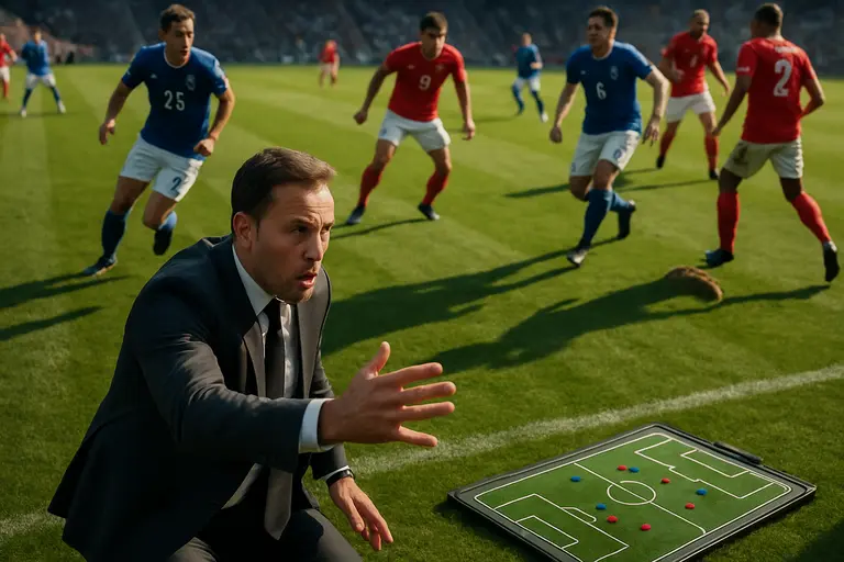 A coach watches players during a knockout soccer match