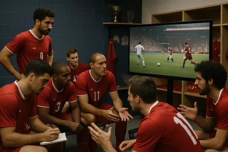 Coach speaking to players during a soccer training drill