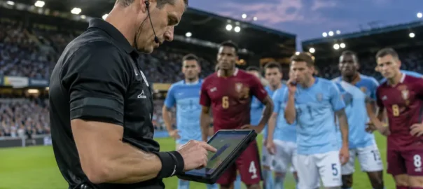 IFAB VAR protocols review room with referees studying match footage