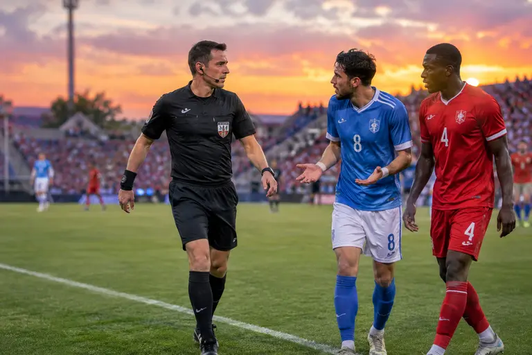 Match officials speaking before a free kick restart
